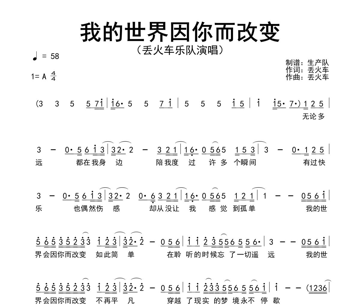 我的世界因你而改变简谱 丢火车乐队《我的世界因你而改变》简谱A调