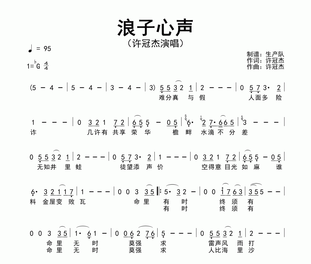 浪子心声简谱 许冠杰《浪子心声》简谱降G调