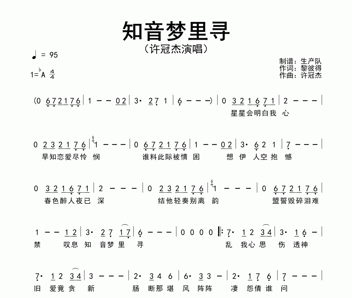 知音梦里寻简谱 许冠杰《知音梦里寻》简谱降A调