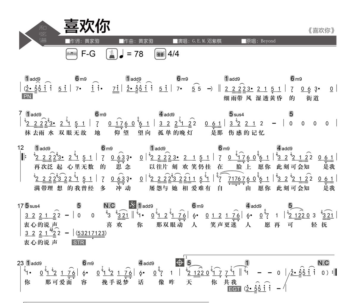 喜欢你简谱 G.E.M. 邓紫棋《喜欢你》简谱