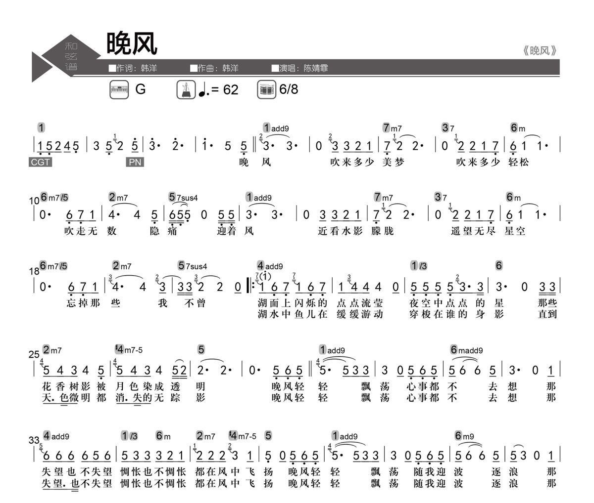 晚风简谱 陈婧霏《晚风》简谱