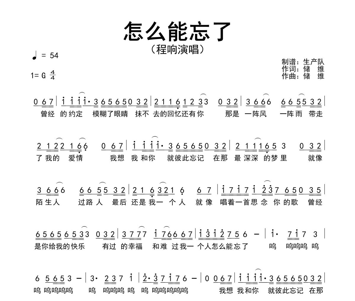 怎么能忘了简谱 程响《怎么能忘了》简谱