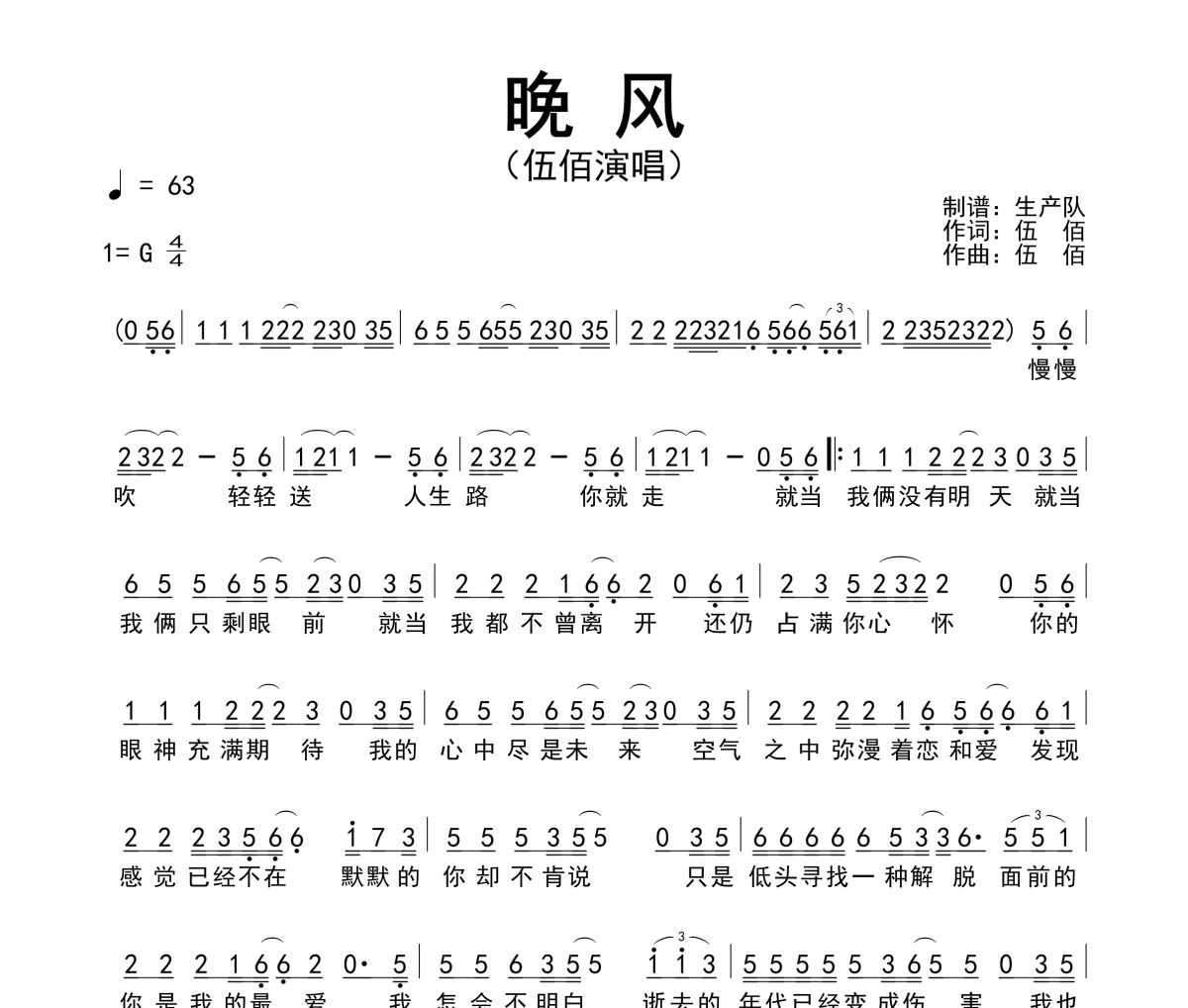 晚风简谱 伍佰《晚风》简谱