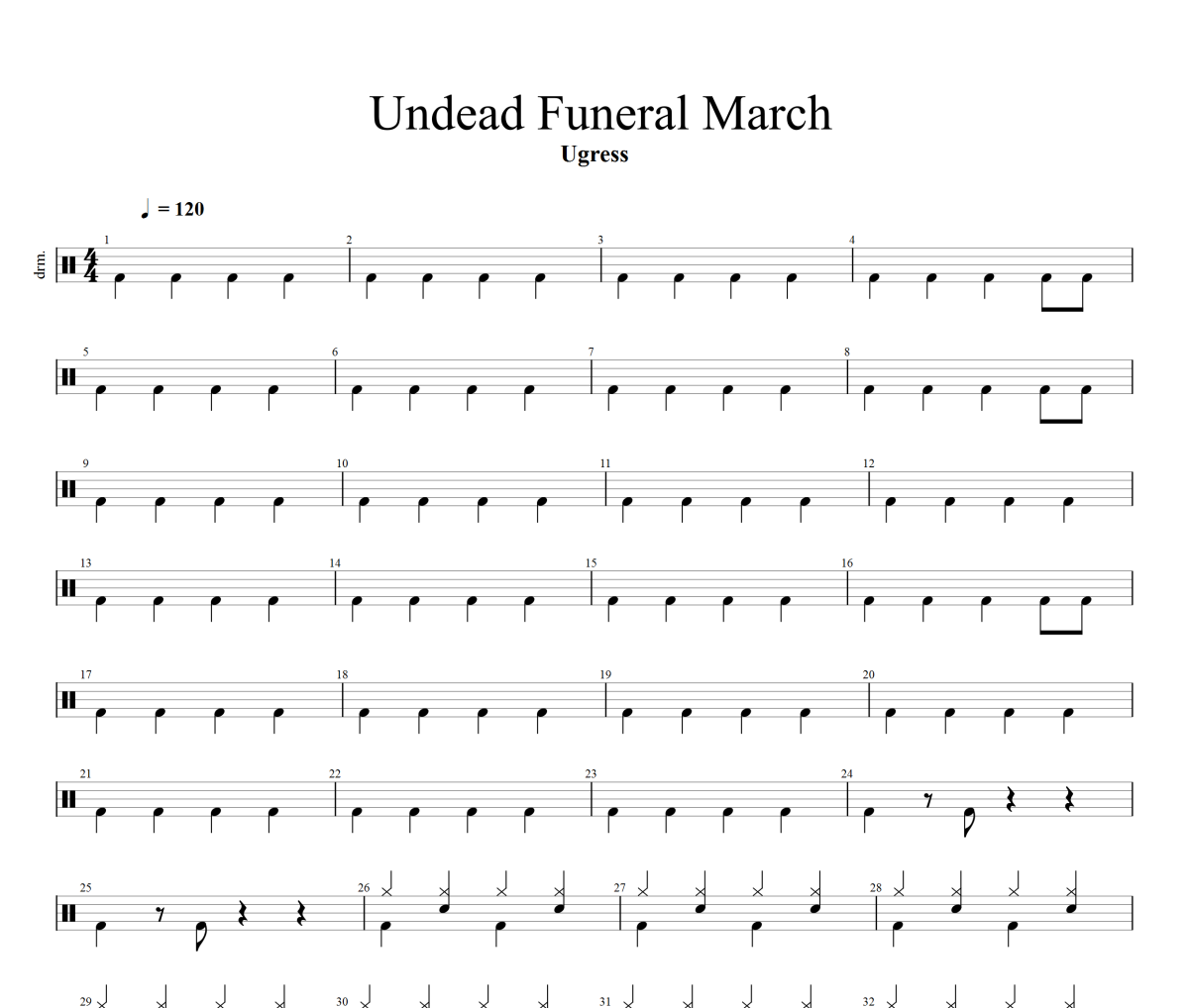 Undead Funeral March鼓谱 Ugress-Undead Funeral March爵士鼓谱+动态视频