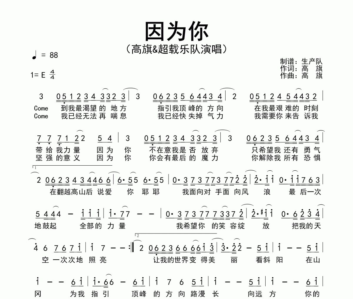 因为你简谱 高旗&超载乐队-因为你简谱E调