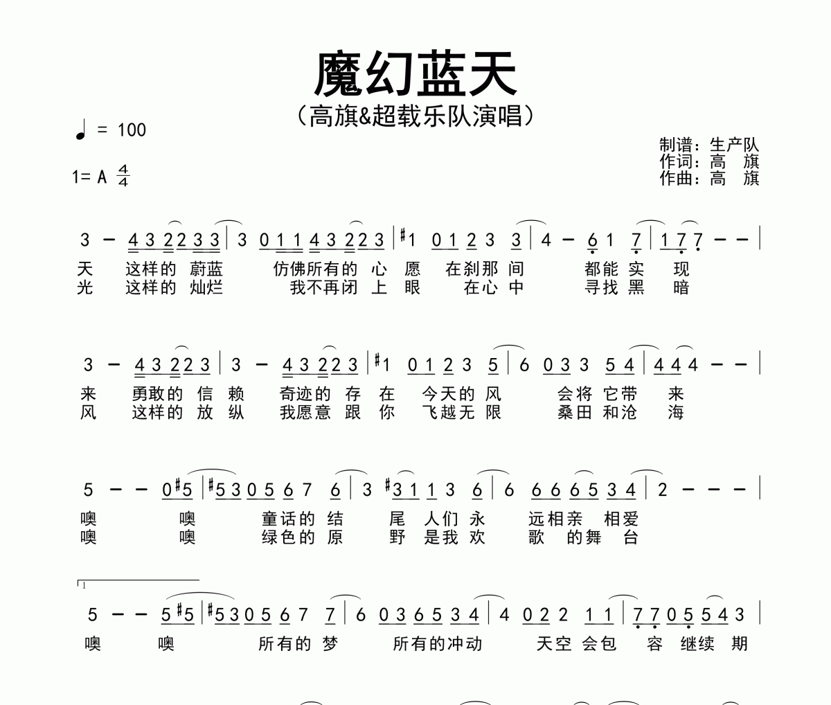 魔幻蓝天简谱 高旗&超载乐队《魔幻蓝天》简谱A调