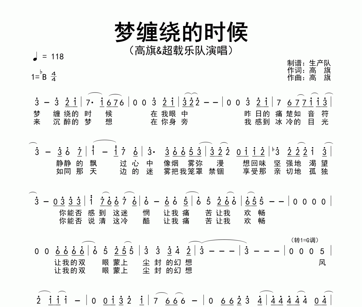 梦缠绕的时候简谱 高旗&超载乐队《梦缠绕的时候》简谱降B调