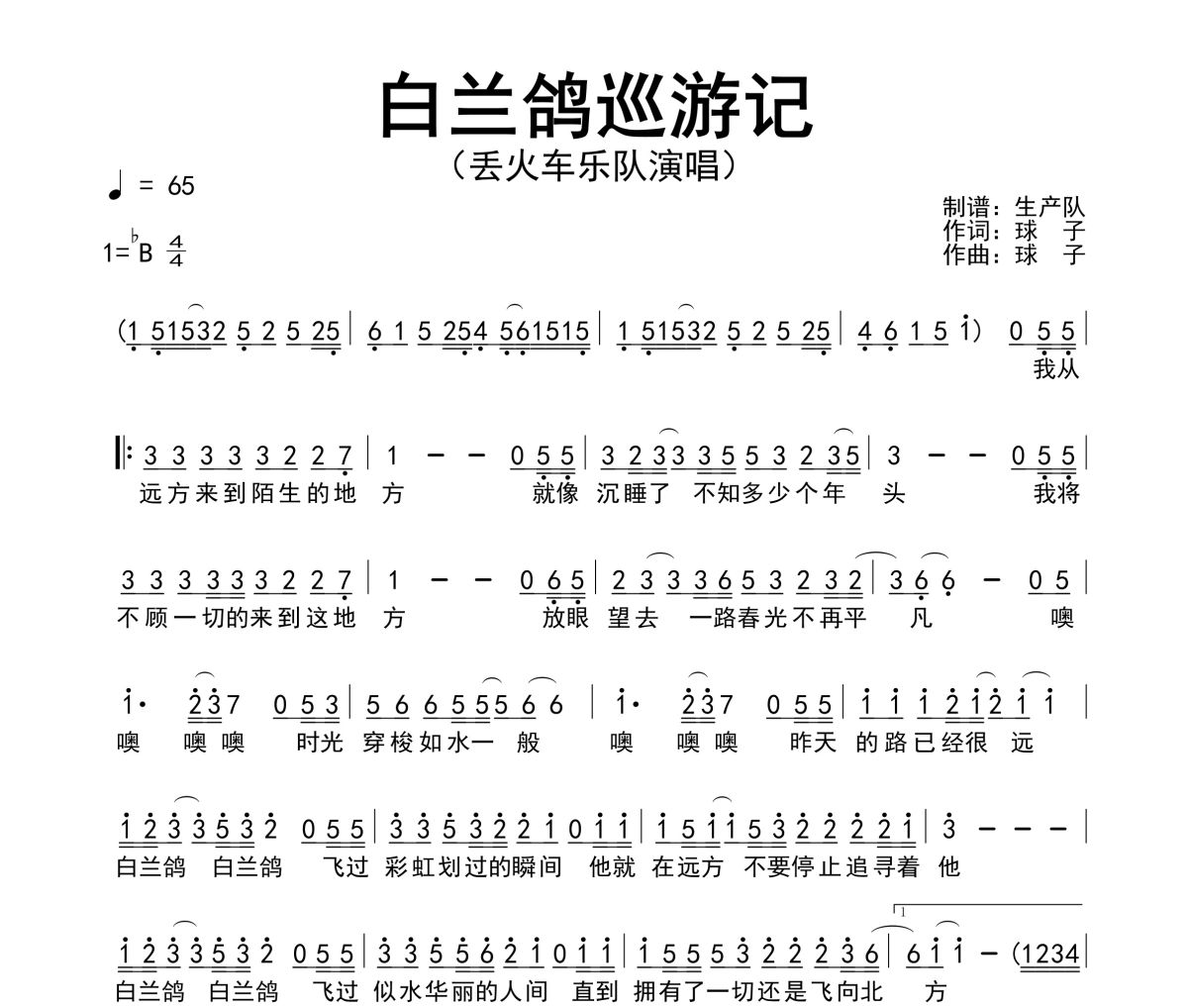 白兰鸽巡游记简谱 丢火车乐队《白兰鸽巡游记》简谱降B调