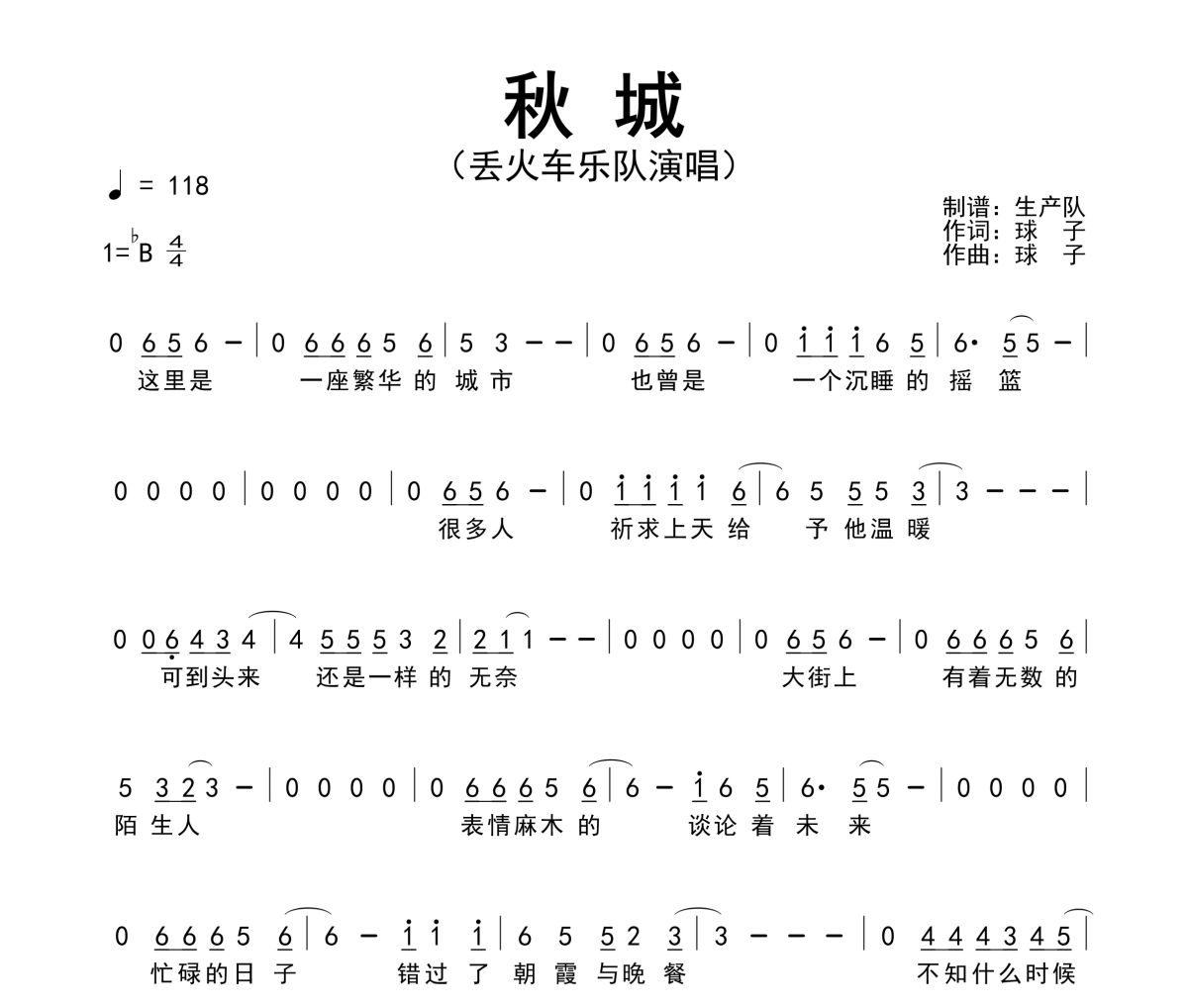 秋城简谱 丢火车乐队《秋城》简谱降B调