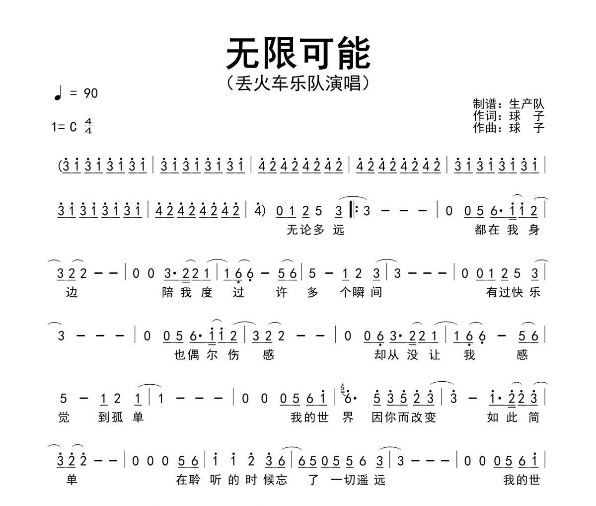 无限可能简谱 丢火车乐队《无限可能》简谱C调