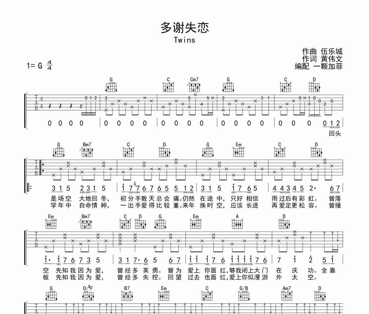 多谢失恋吉他谱 Twins《多谢失恋》六线谱G调吉他谱