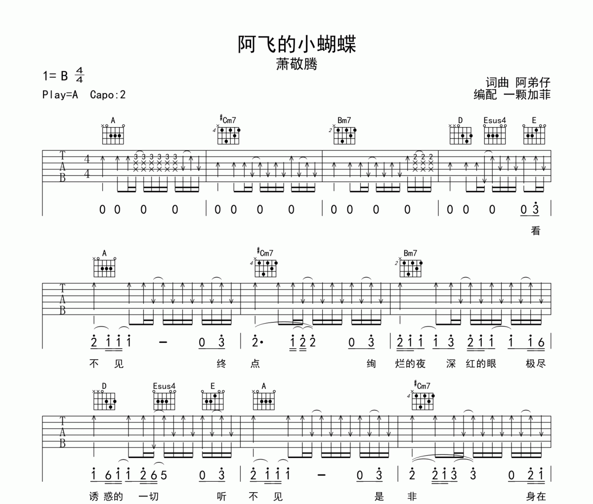 阿飞的小蝴蝶吉他谱 萧敬腾《阿飞的小蝴蝶》六线谱A调吉他谱