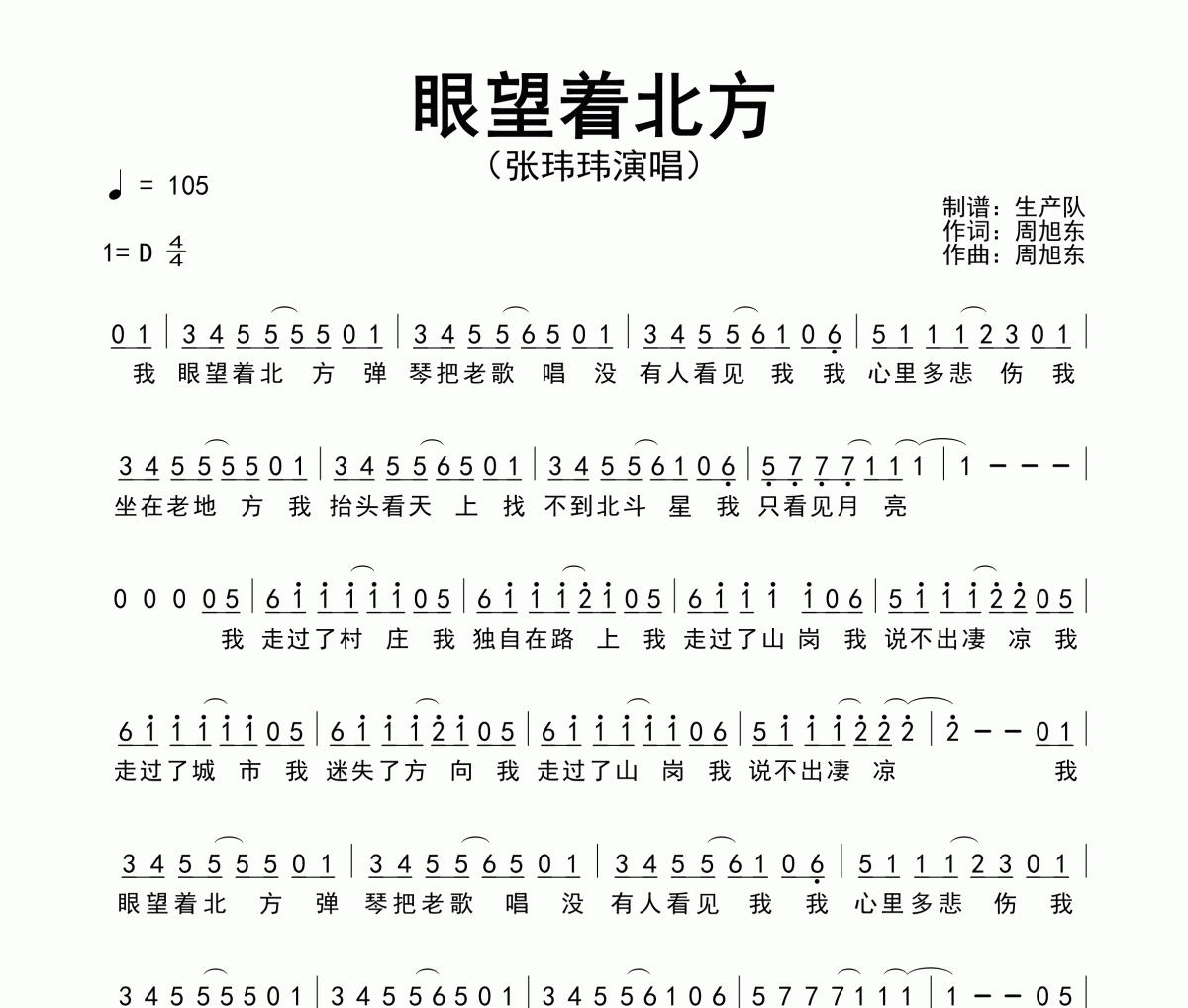 眼望着北方简谱 张玮玮《眼望着北方》简谱D调