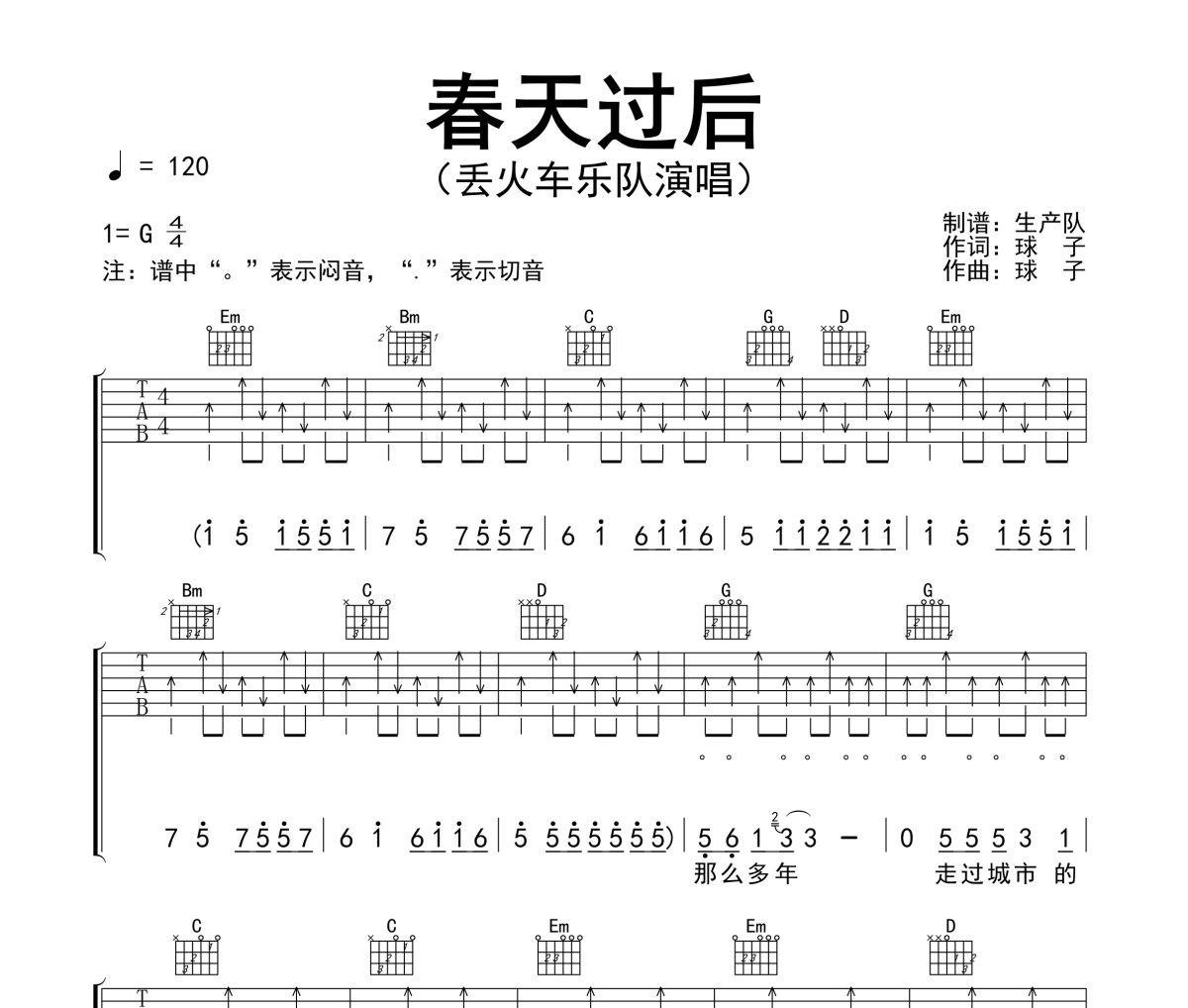 春天过后吉他谱 丢火车乐队《春天过后》六线谱G调指法编配吉他谱