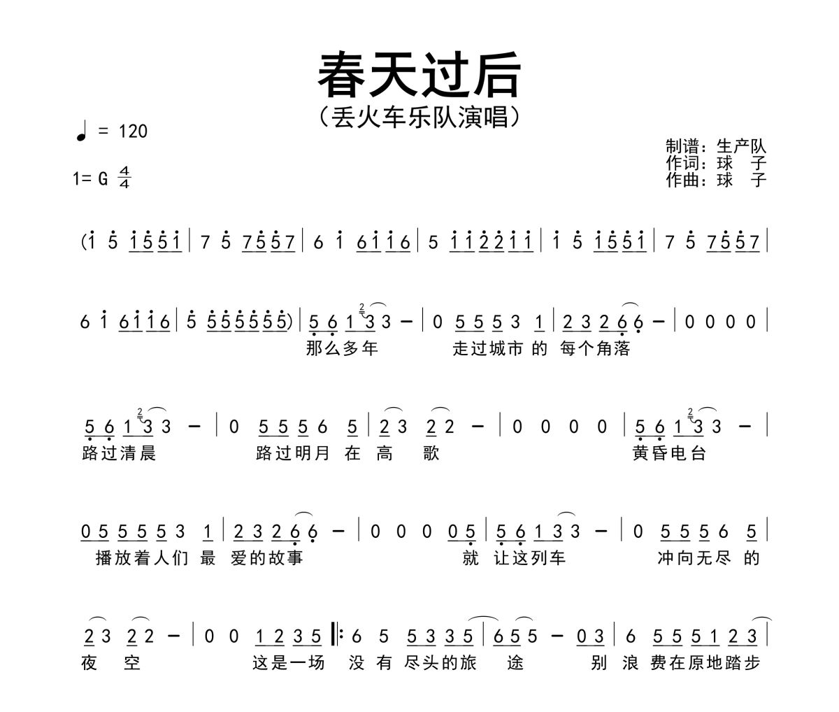 春天过后简谱 丢火车乐队《春天过后》简谱G调