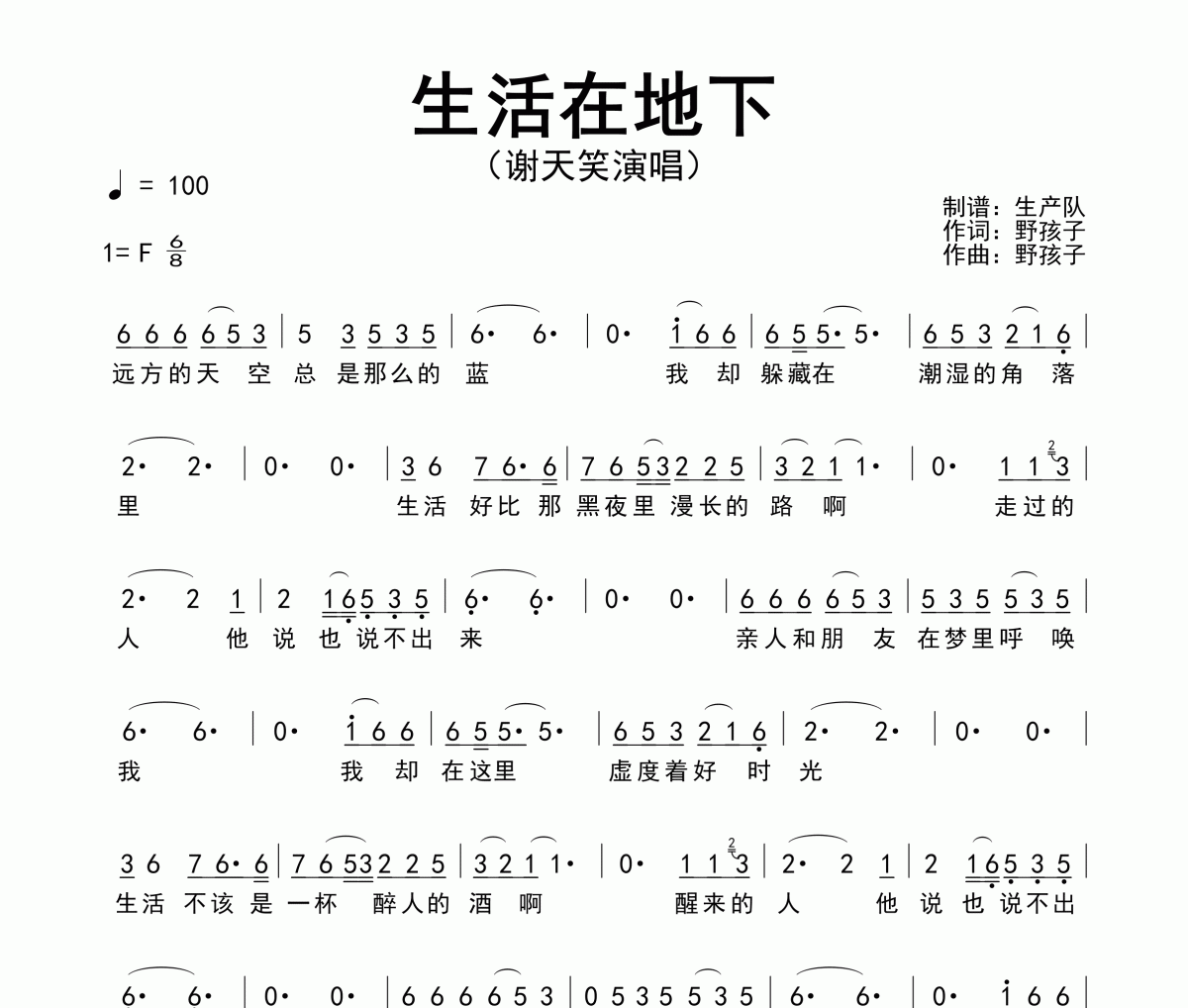 生活在地下简谱 谢天笑《生活在地下》简谱F调