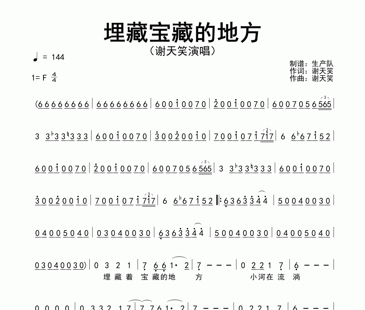 埋藏宝藏的地方简谱 谢天笑《埋藏宝藏的地方》简谱F调