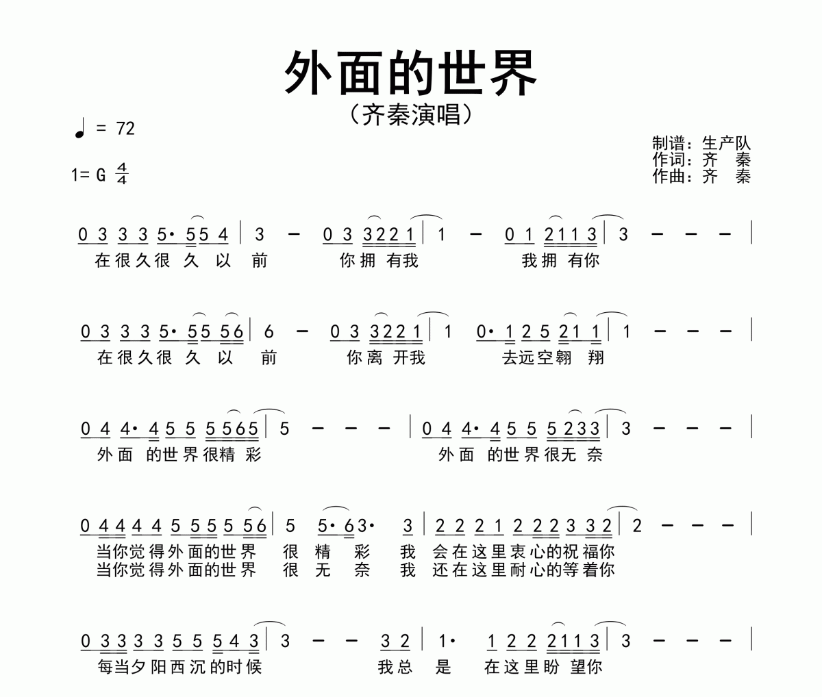 外面的世界简谱 齐秦-外面的世界简谱G调