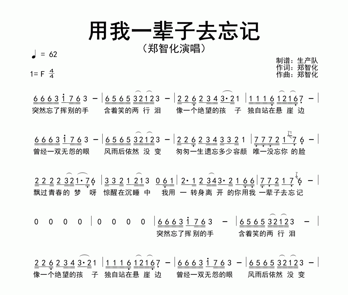 用我一辈子去忘记简谱 郑智化《用我一辈子去忘记》简谱F调