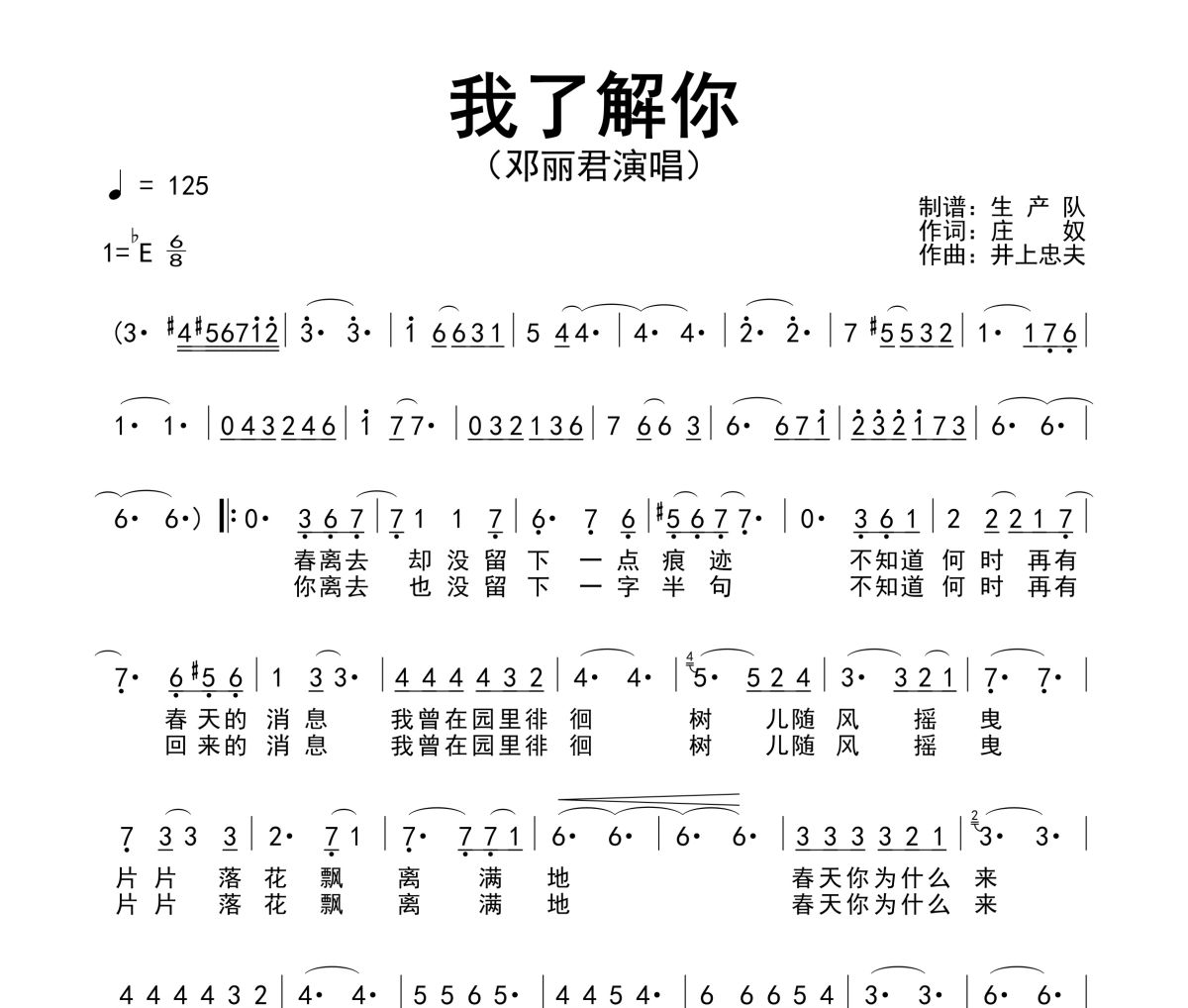 我了解你简谱 邓丽君《我了解你》简谱