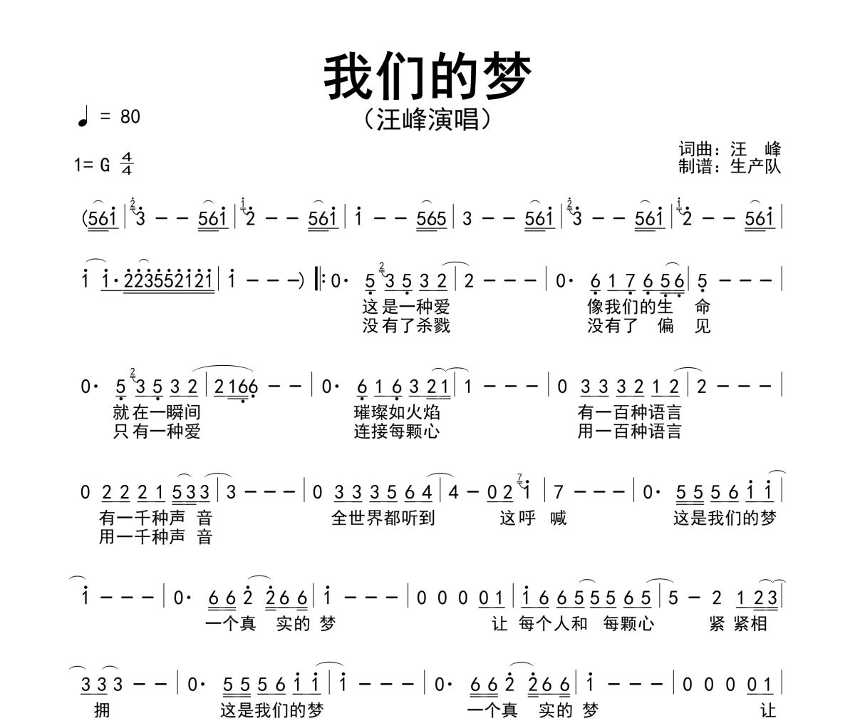 我们的梦简谱 汪峰《我们的梦》简谱G调