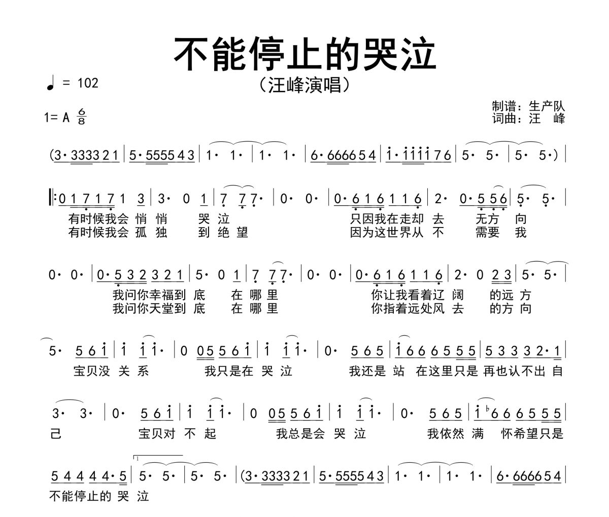 不能停止的哭泣简谱 汪峰《不能停止的哭泣》简谱A调