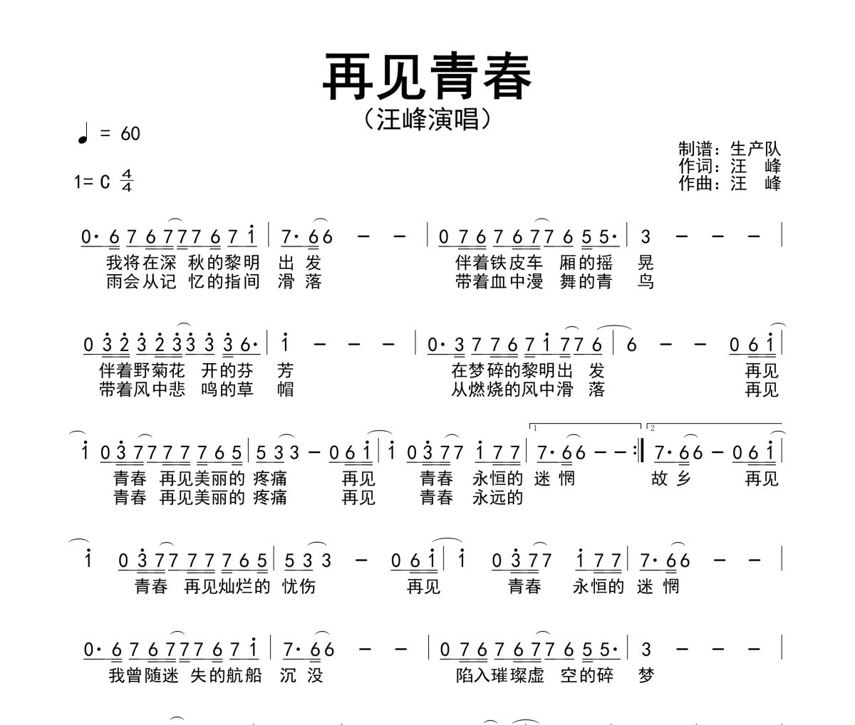 再见青春简谱 汪峰《再见青春》简谱C调