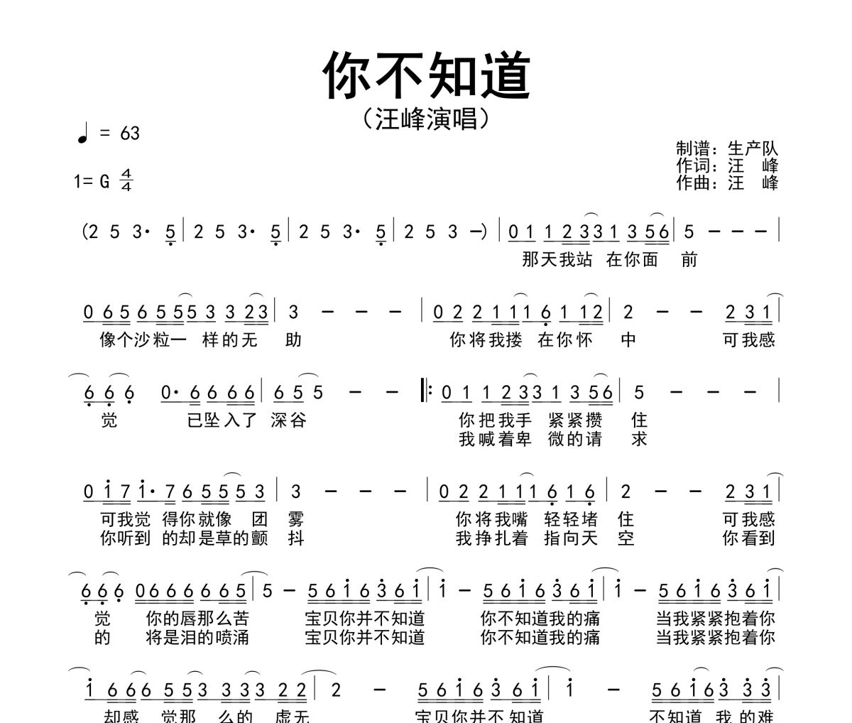 你不知道简谱 汪峰《你不知道》简谱G调