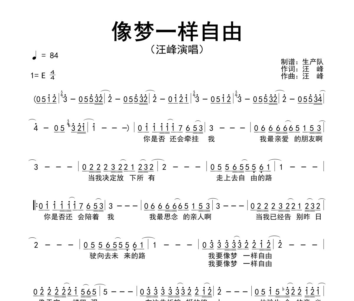 像梦一样自由简谱 汪峰《像梦一样自由》简谱E调