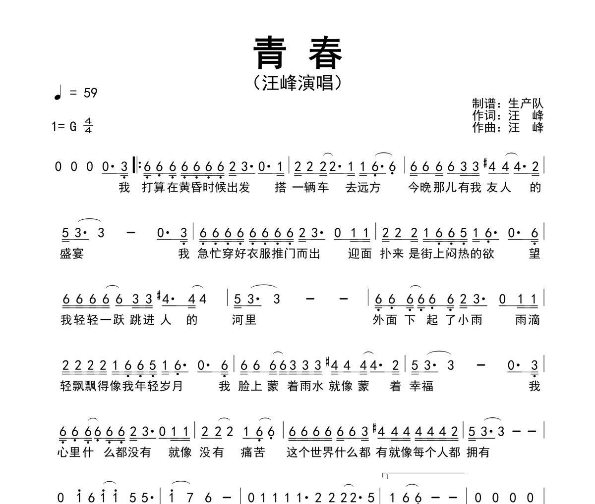 青春简谱 汪峰《青春》简谱G调