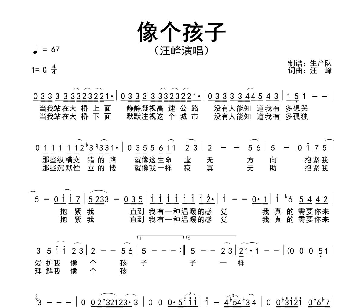 像个孩子简谱 汪峰《像个孩子》简谱G调