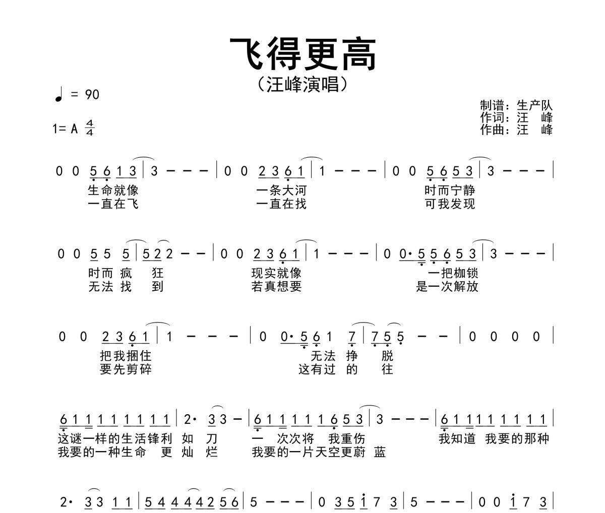 飞得更高简谱 汪峰《飞得更高》简谱A调