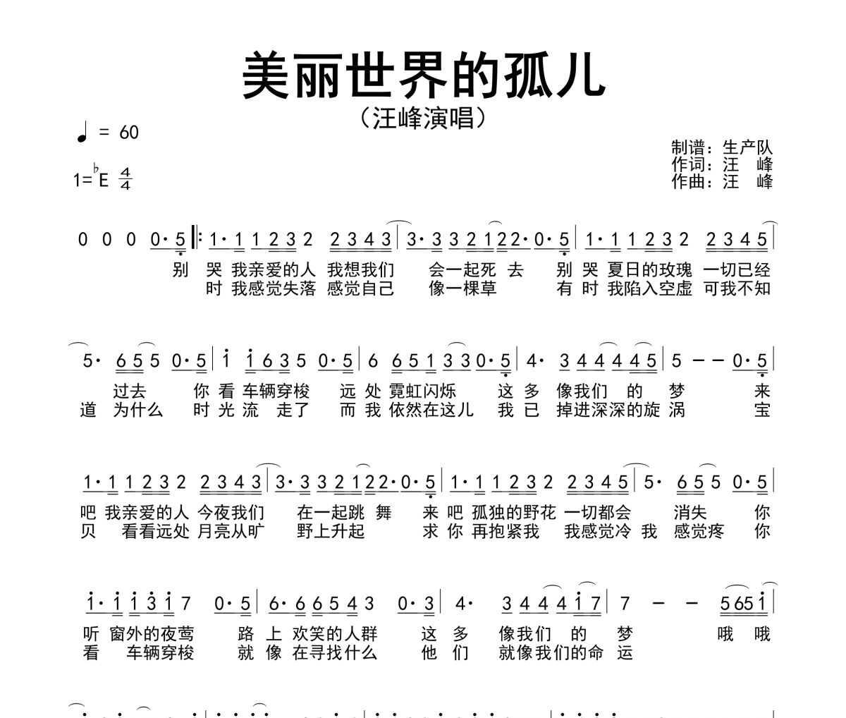 美丽世界的孤儿简谱 汪峰《美丽世界的孤儿》简谱降E调