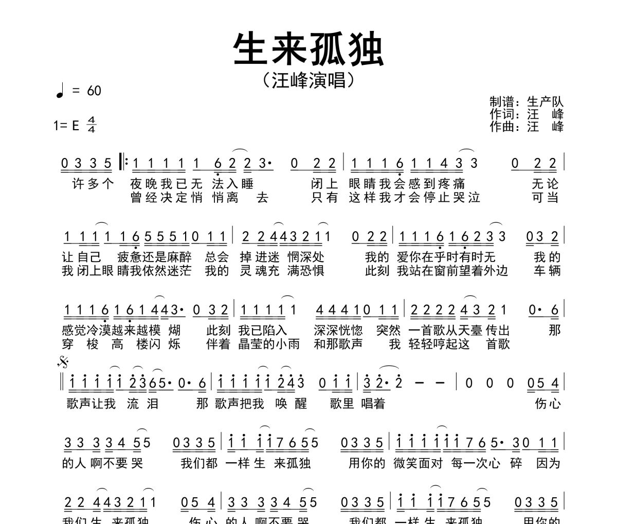 生来孤独简谱 汪峰《生来孤独》简谱E调