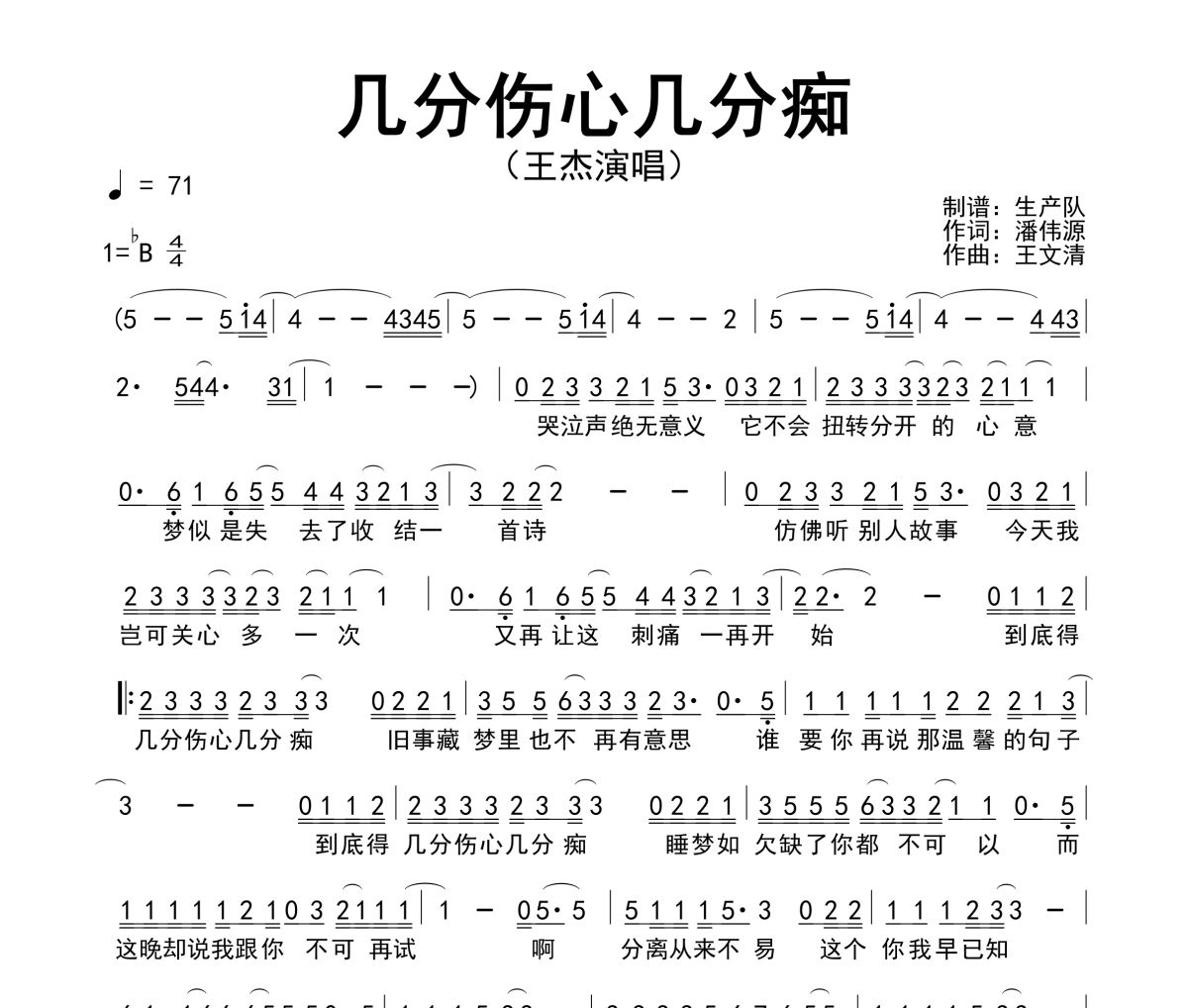 几分伤心几分痴简谱 王杰《几分伤心几分痴》简谱降B调