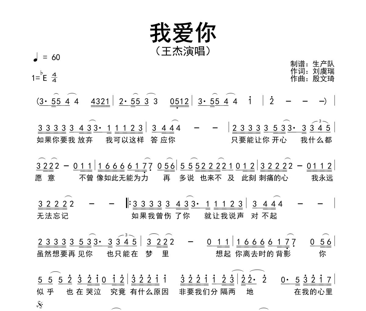 我爱你简谱 王杰《我爱你》简谱降E调