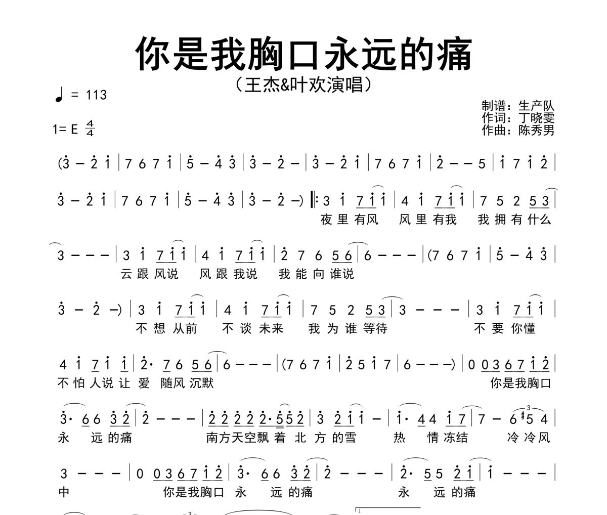 你是我胸口永远的痛简谱 王杰/叶欢《你是我胸口永远的痛》简谱E调