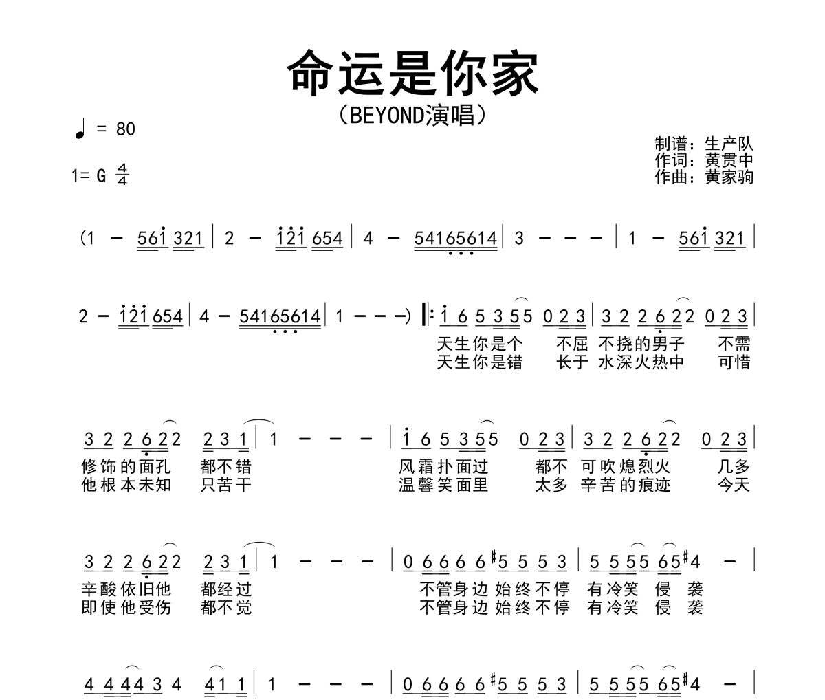 命运是你家简谱 Beyond《命运是你家》简谱G调