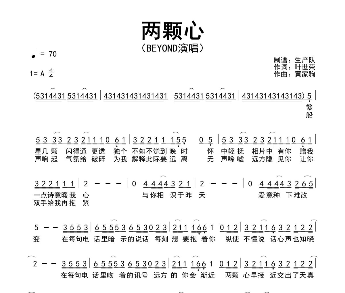 两颗心简谱 Beyond《两颗心》简谱A调