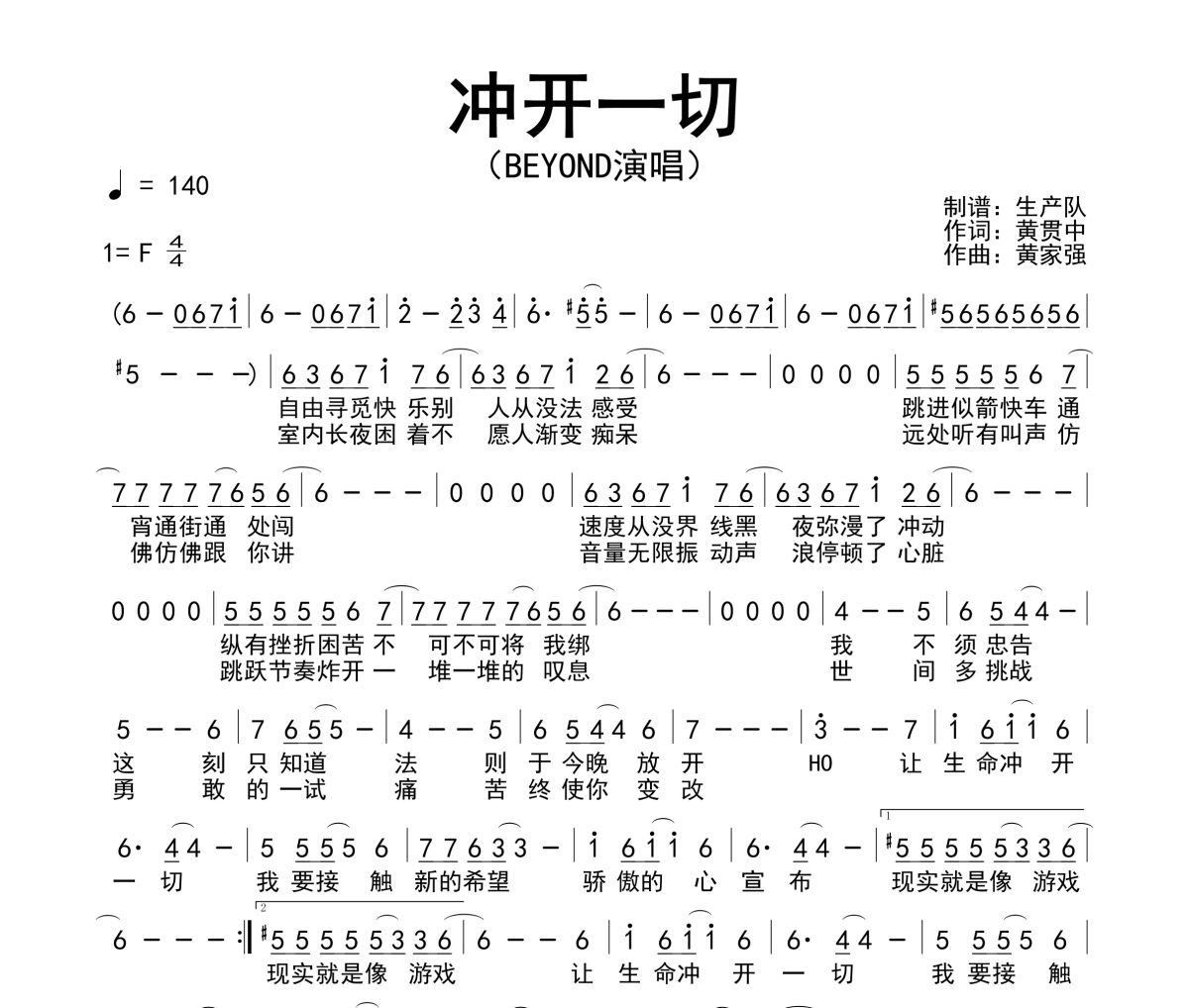 冲开一切简谱 Beyond《冲开一切》简谱F调