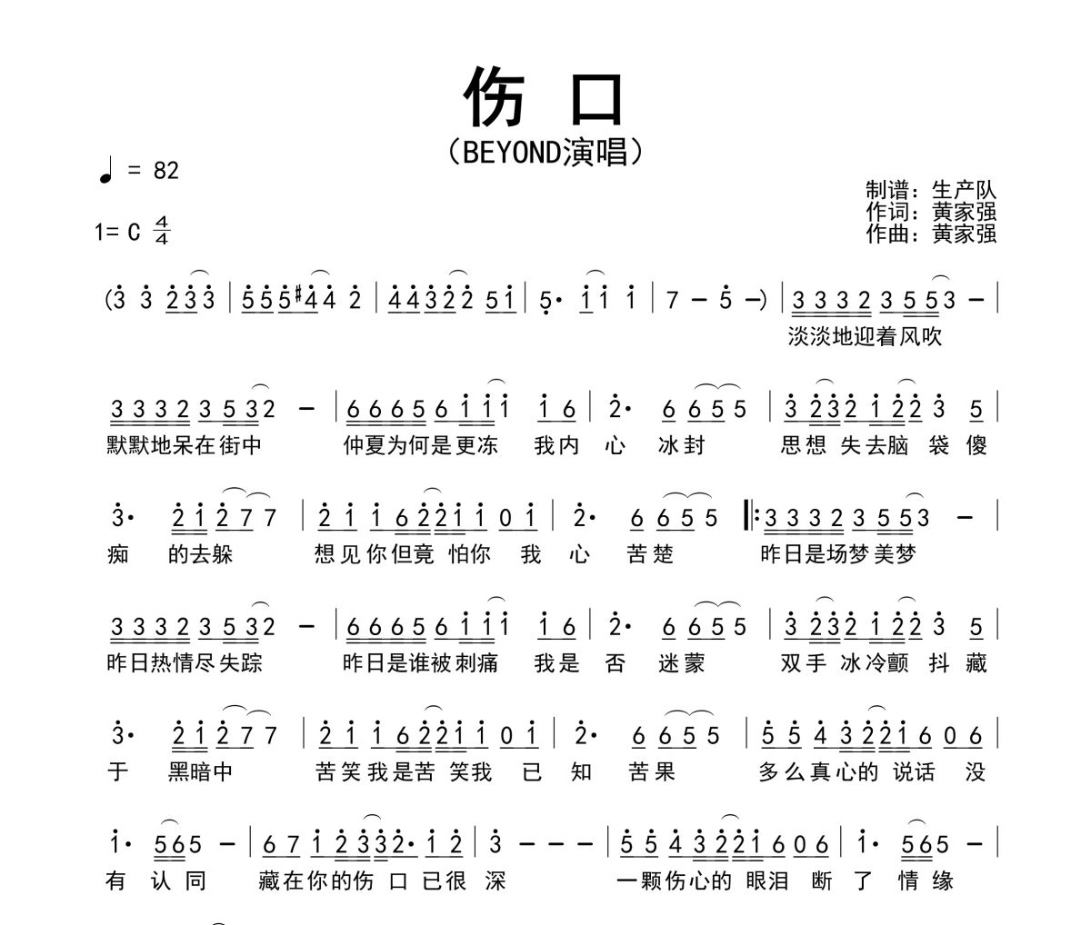 伤口简谱 Beyond《伤口》简谱C调