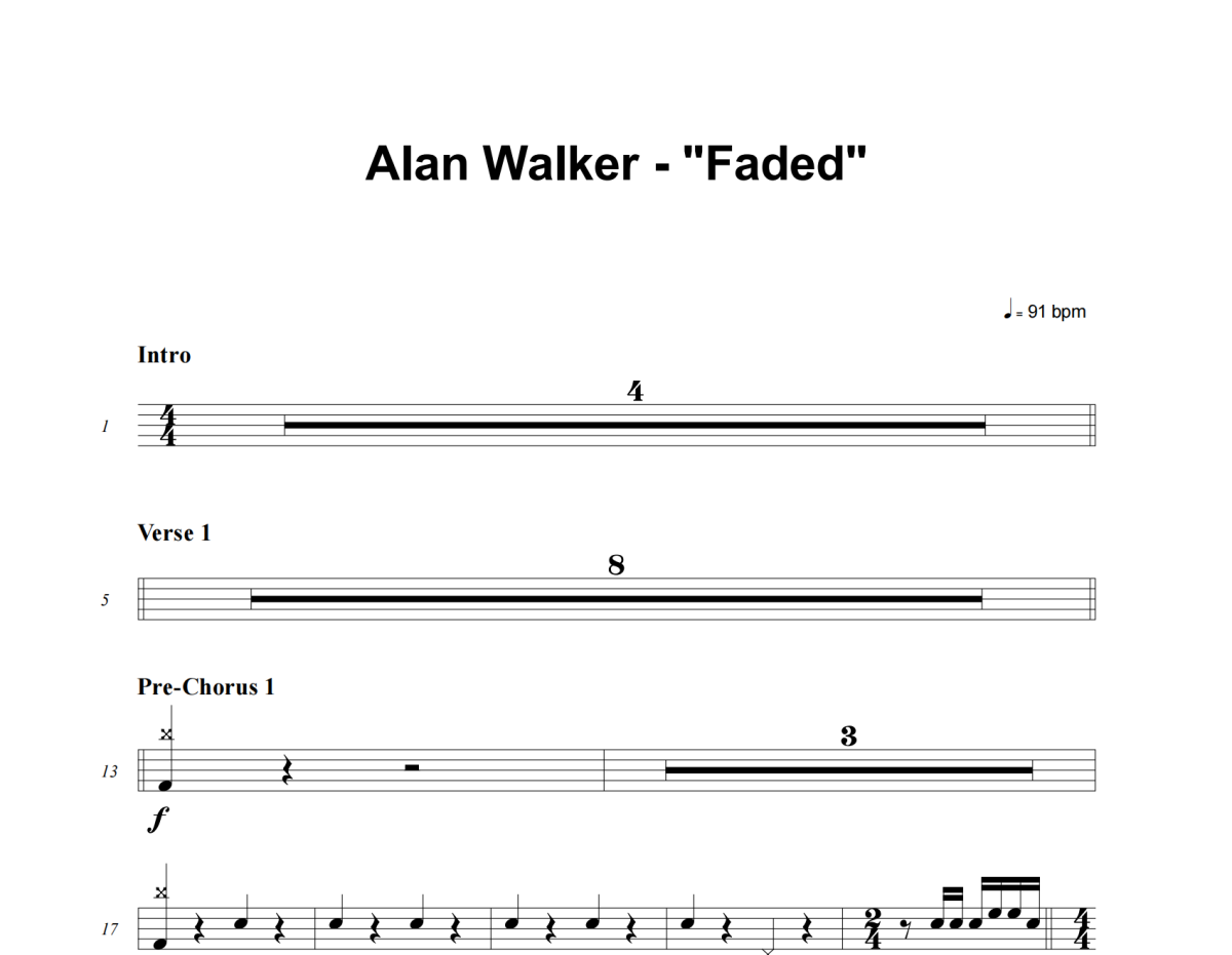 Faded鼓谱 Alan Walker-Faded爵士鼓鼓谱