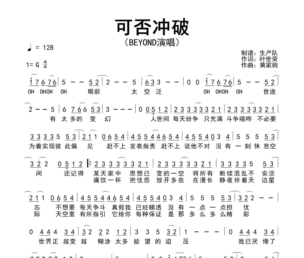 可否冲破简谱 Beyond《可否冲破》简谱G调