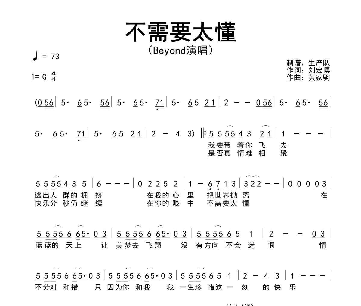 不需要太懂简谱 Beyond《不需要太懂》简谱G调