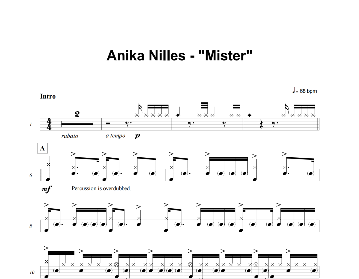 Mister鼓谱 Anika Nilles《Mister》架子鼓|爵士鼓|鼓谱