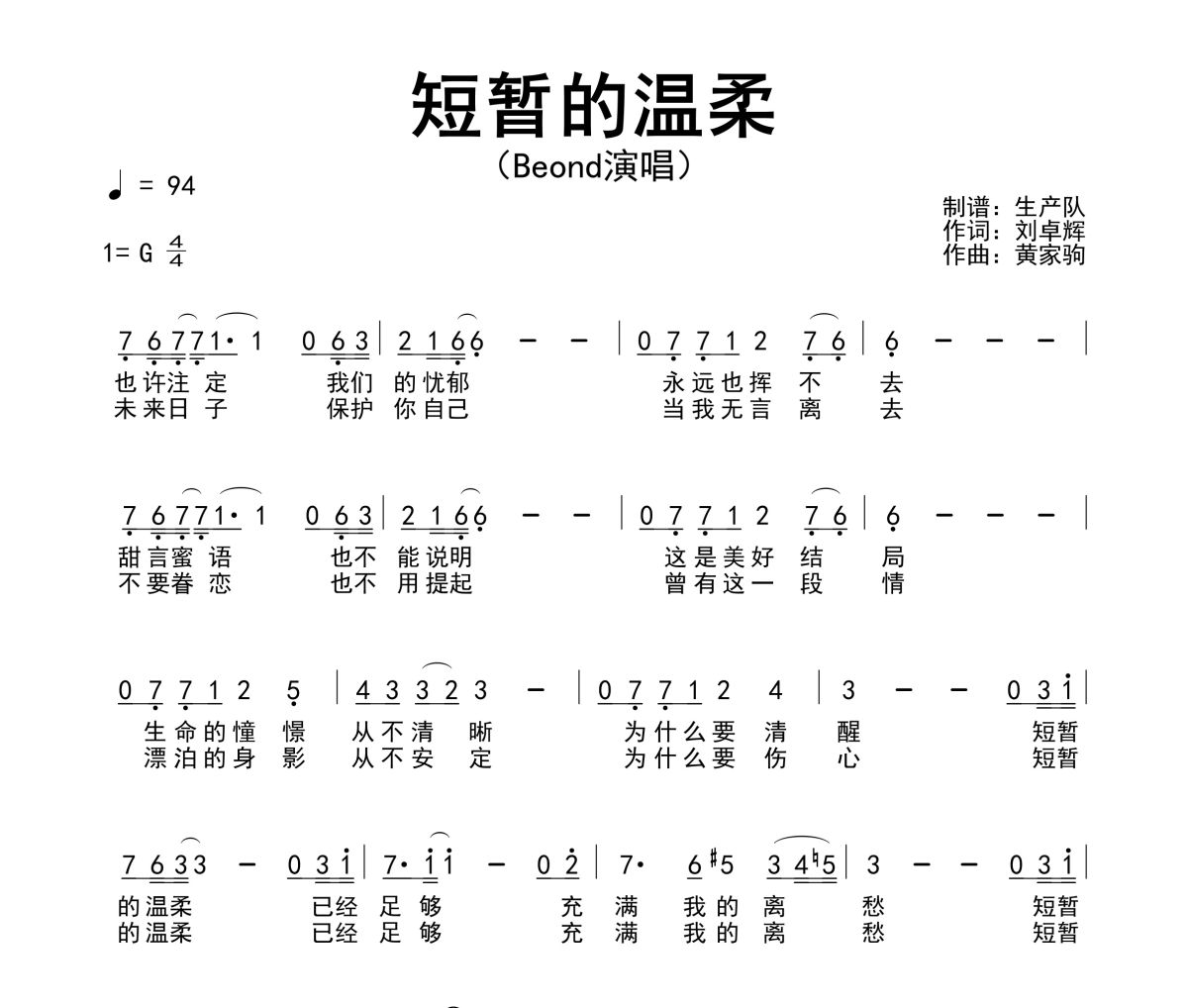 短暂的温柔简谱 Beyond《短暂的温柔》简谱G调