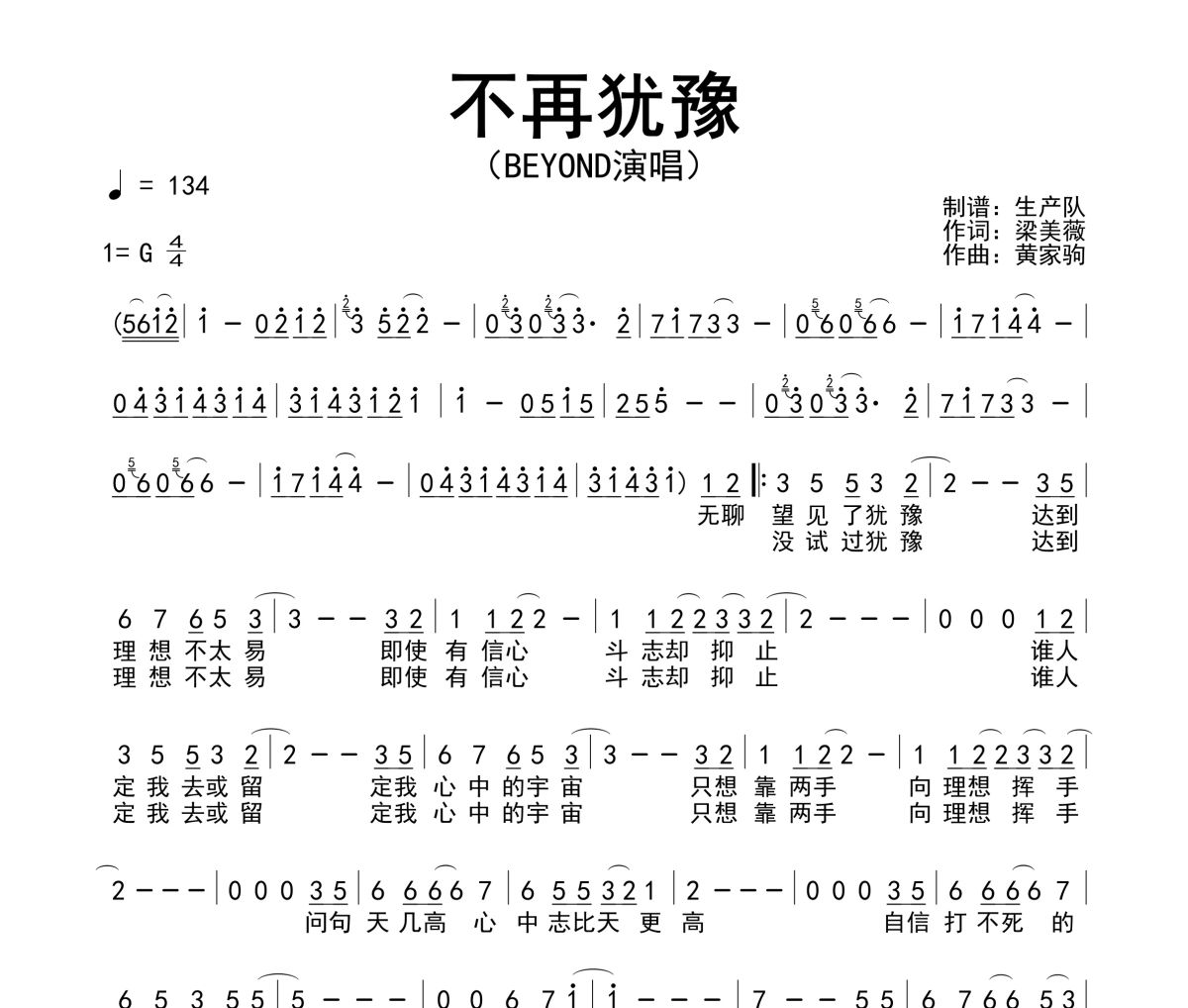 不再犹豫简谱 Beyond《不再犹豫》简谱G调