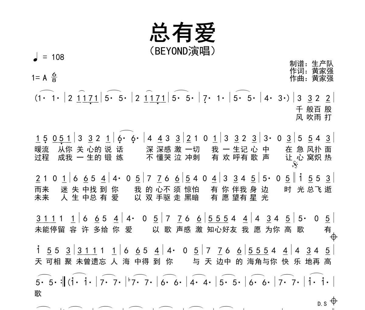 总有爱简谱 Beyond《总有爱》简谱A调