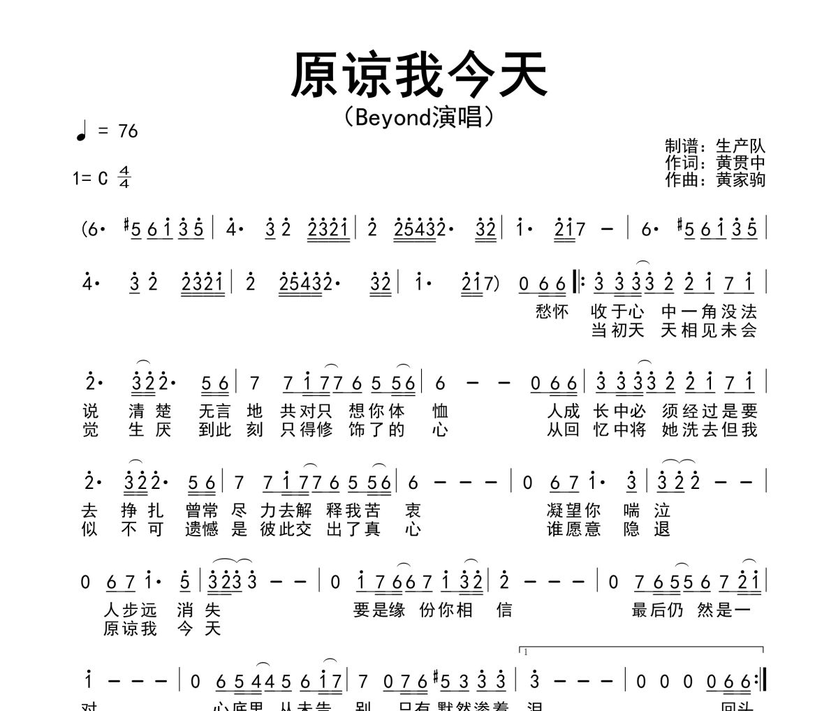 原谅我今天简谱 Beyond《原谅我今天》简谱C调