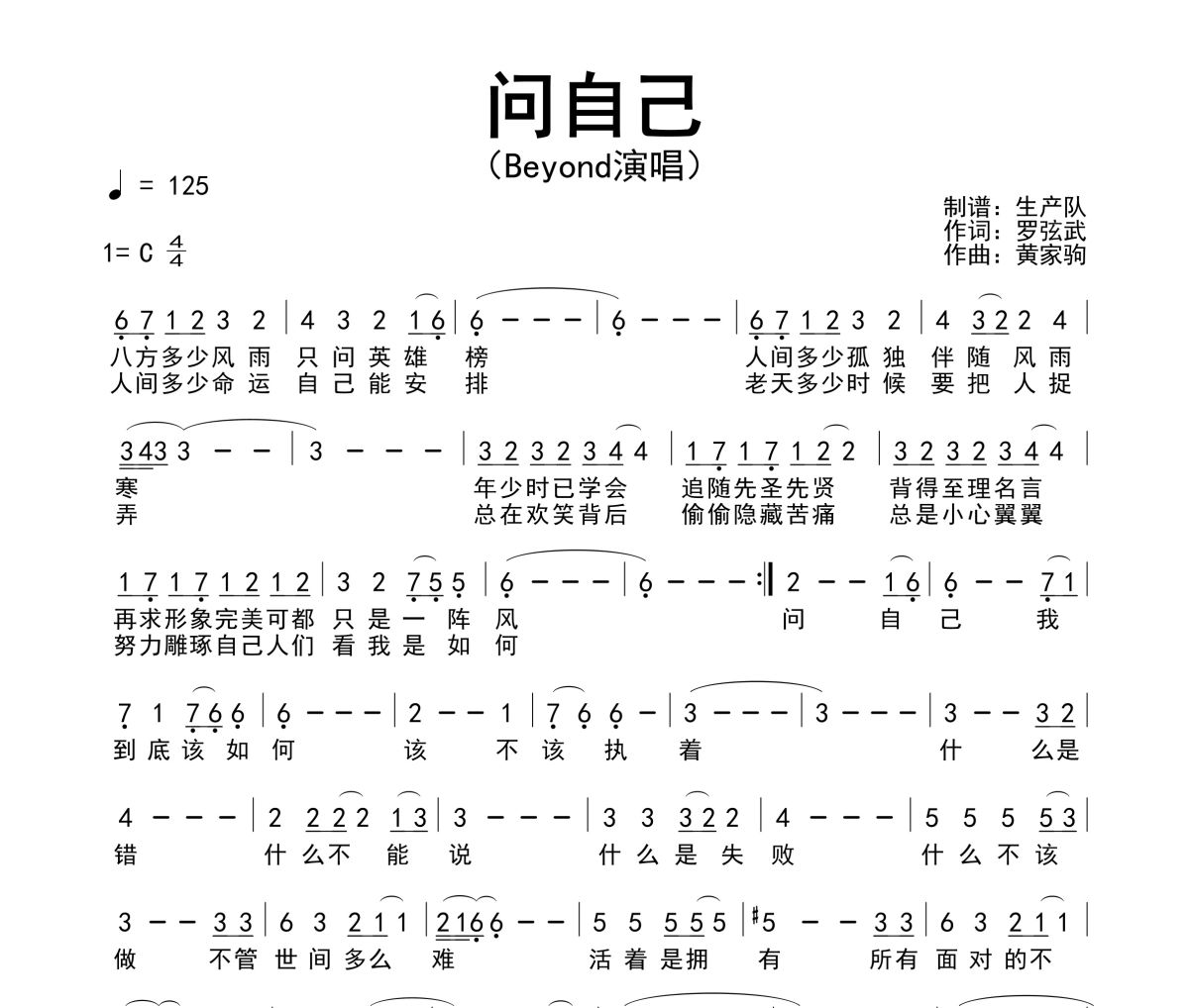 问自己简谱 Beyond《问自己》简谱C调